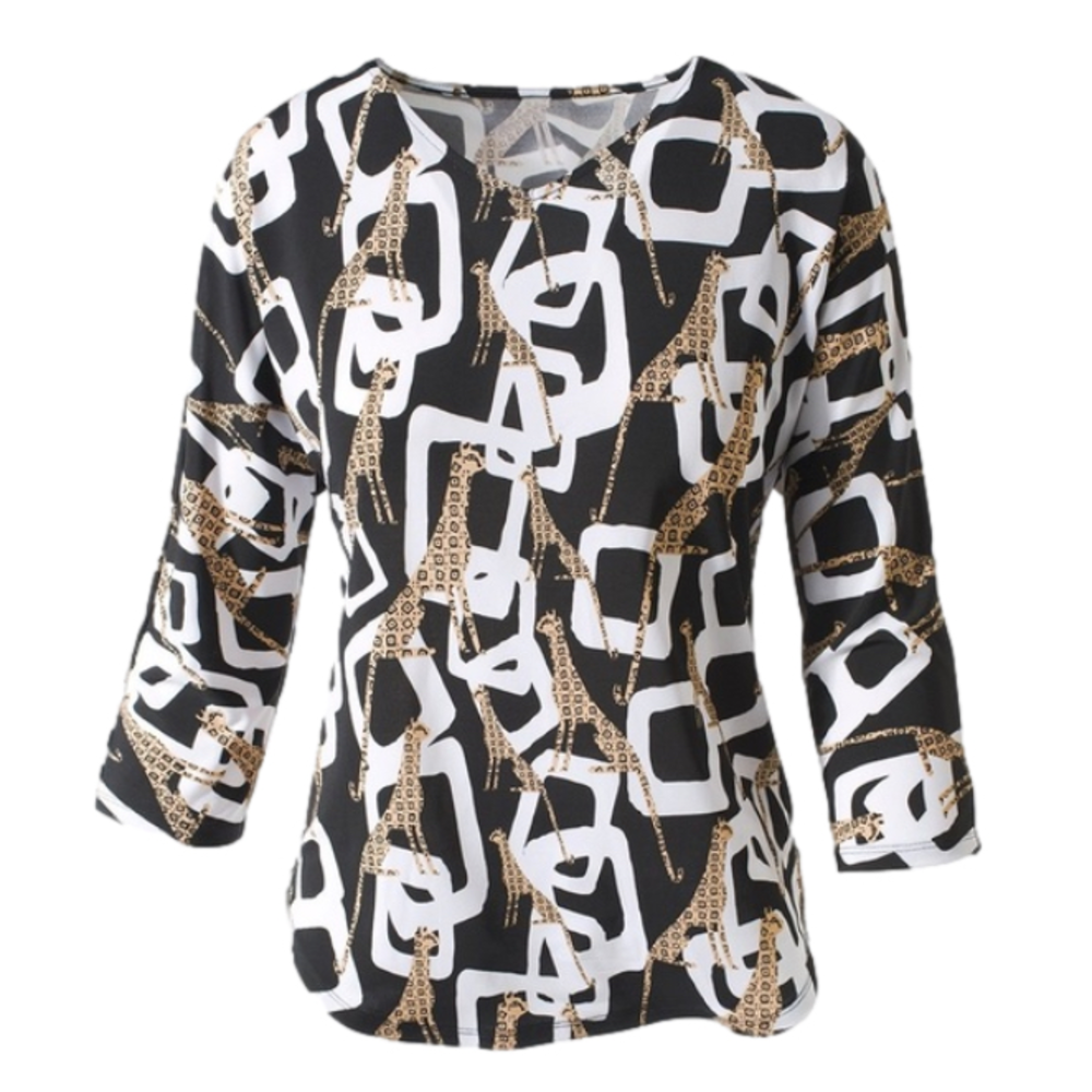 Chicos Size M V Neck Blouse Exotic Cheetah Geometric Shapes Print 3/4 Sleeves‎